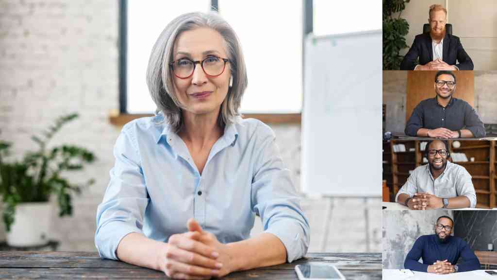Online business training concept. A group of diverse skilled employee involved virtual meeting with confident female business coach. Video call, online conference with colleagues or workteam distantly